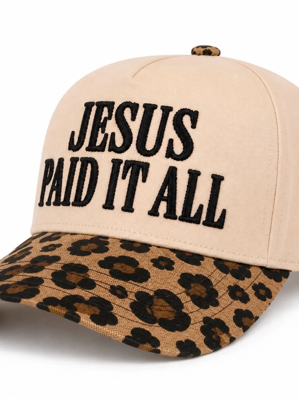 “Jesus Paid It All” Embroidered Trucker Hat | Cream Leopard Faith Cap NWT